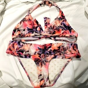 St. Even Sunset Palm Print Halter Bikini Top Size 34 w/Ruched Front Bottom SZ M